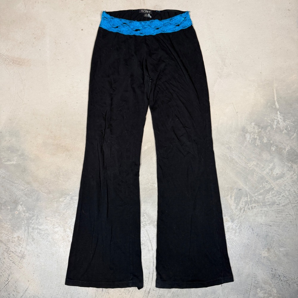 One Step Up Womens Black Flared Yoga Pants Blue Lace Waistband Size M Y2K